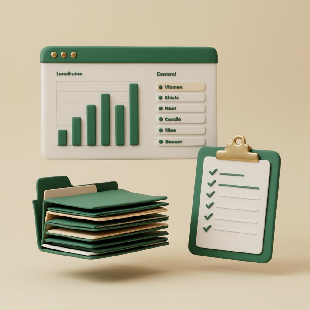 Painel de gestão financeira com gráfico, pastas e checklist em estilo 3D clay